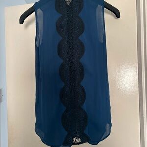 Warehouse Blue Blouse with Lace Trim and High Neckline